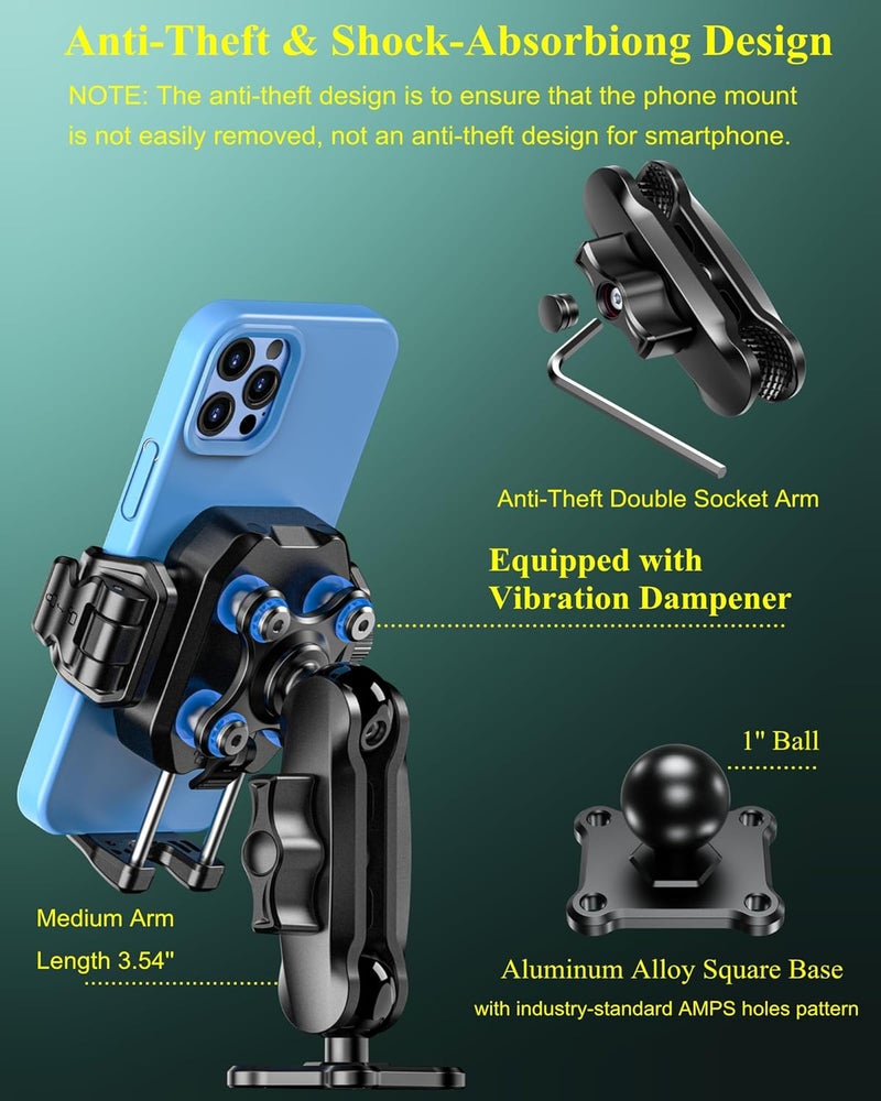 BRCOVAN Anti-Theft Phone Mount Holder with Vibration Dampener [1s Lock & Release] [Camera Friendly] with Aluminum Medium Arm & Square Base, for Car Boat Truck Motorcycle ATV UTV, Fit 5.4-7.2'' Phones - Image 3